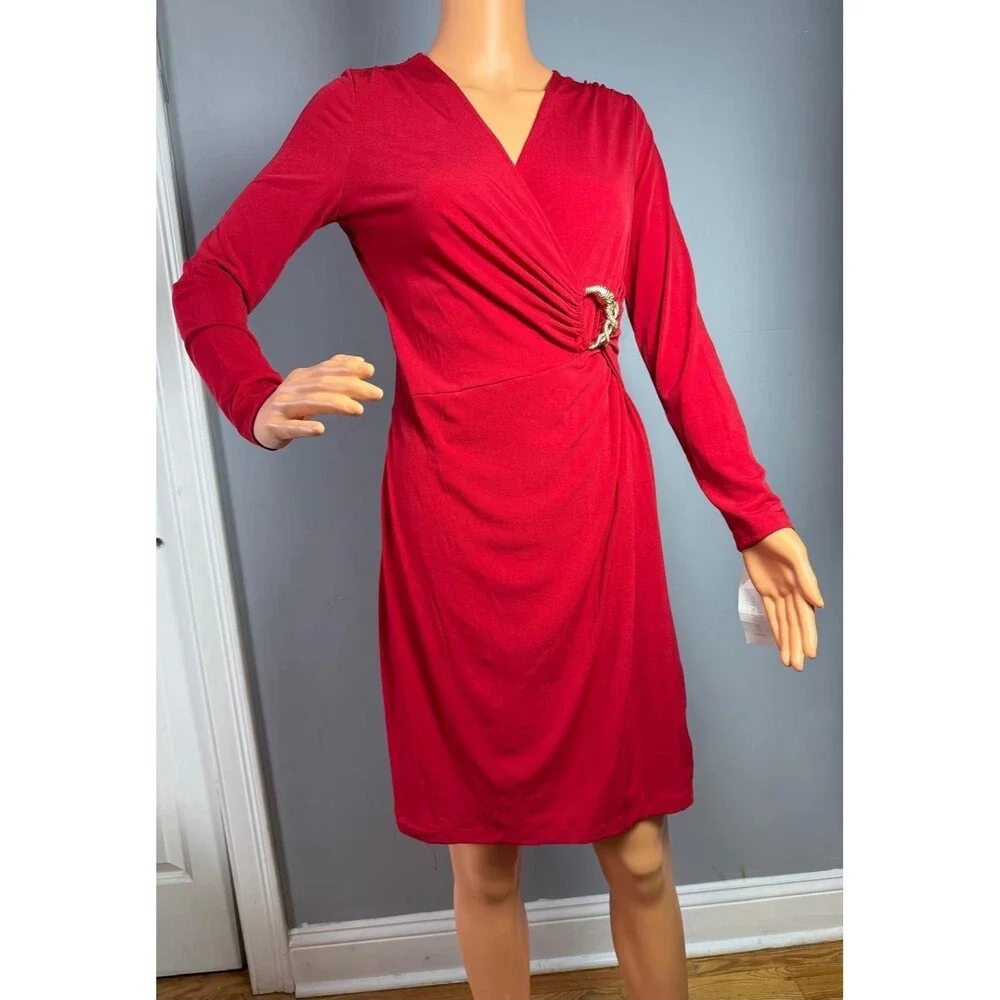 Charter Club Petite Red Faux Wrap Dress Gold Buckle NWT PS Small Long Sleeve. - Picture 1 of 6